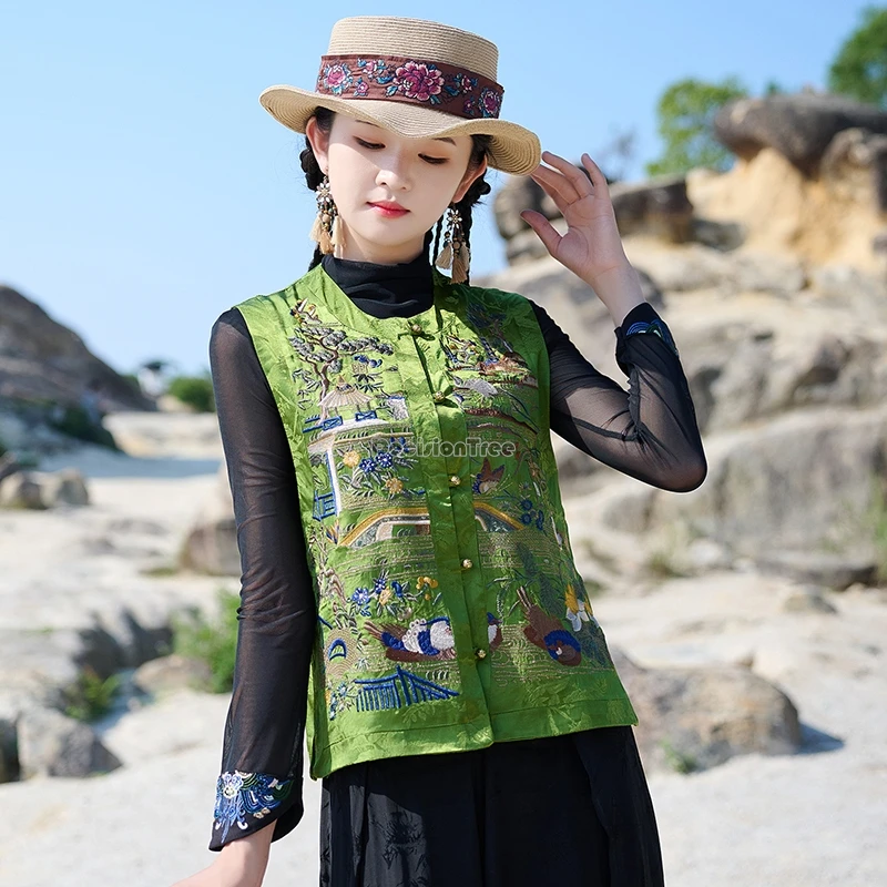 

2025 новый жилет без рукавов в китайском национальном стиле с вышивкой в стиле ретро, женский жаккардовый жилет на пуговицах, костюм Тан, жилет t001