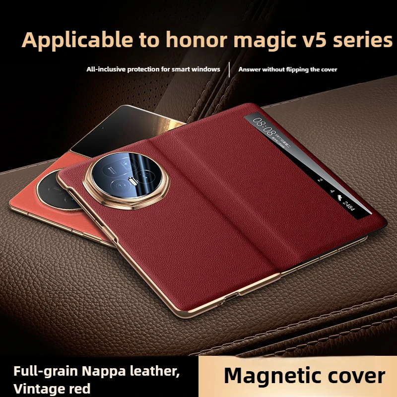 

[Full Lens Coverage] For Honor Magic V5 Case MagicV3 New Genuine Leather Magnetic Smart View Window Flip Cover Full CoverageCase