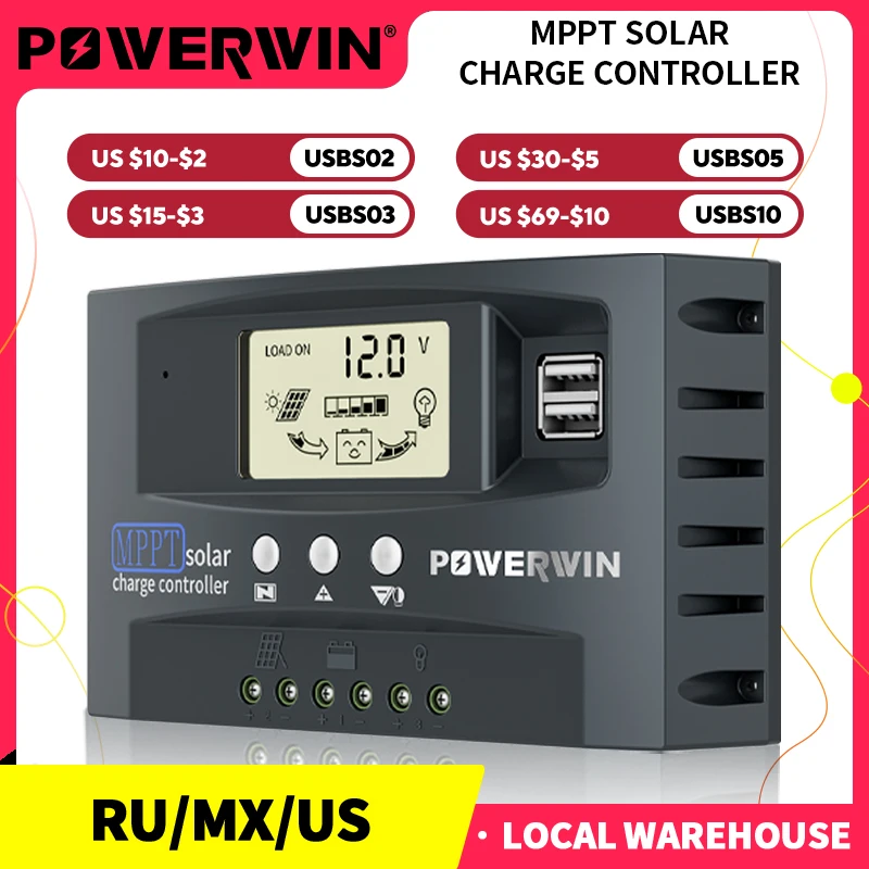 

High Efficiency POWERWIN MPPT Solar Charger 30A/50A, Dual USB, for 12V/24V LiFePO4 Batteries with LCD Screen