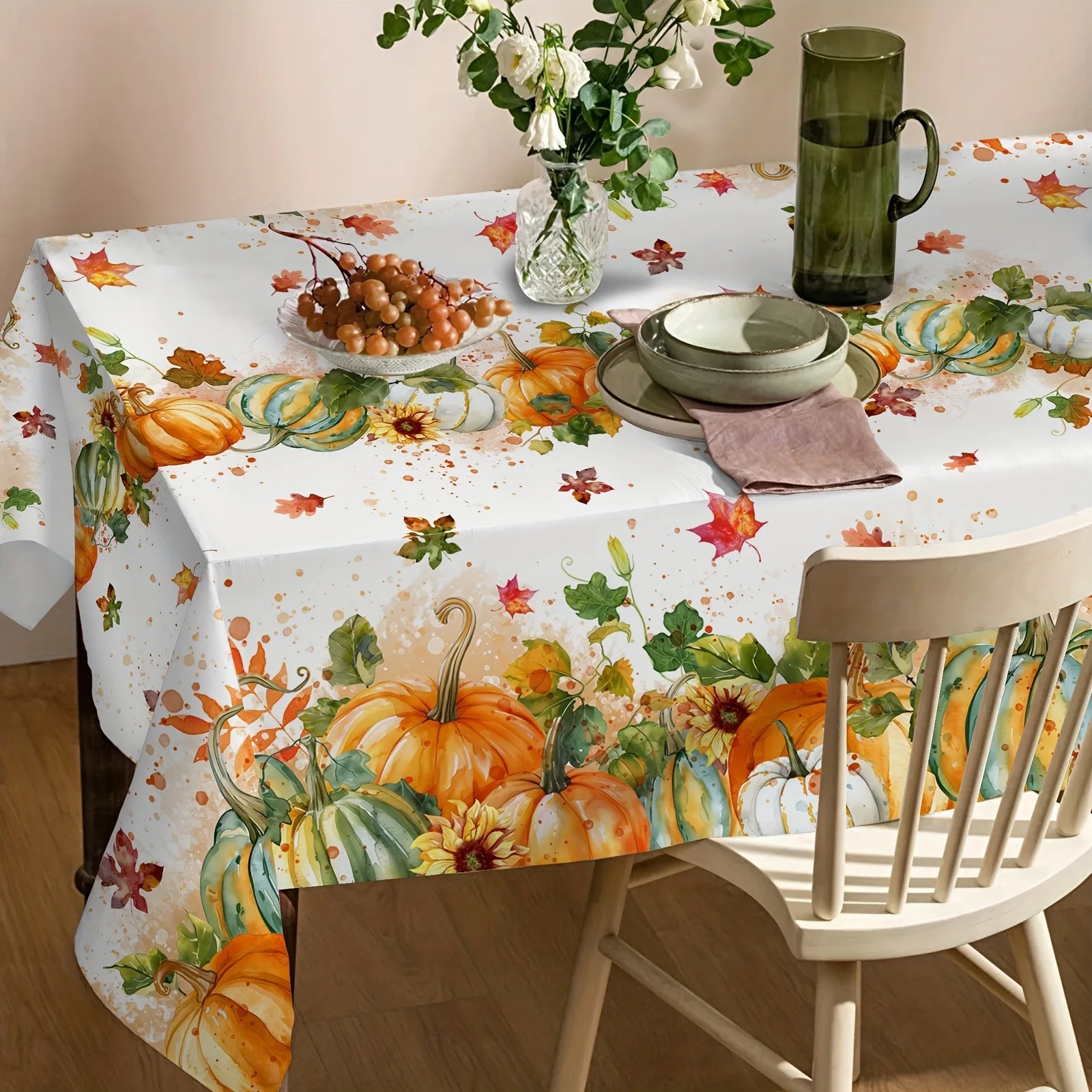Vibrant autumn tablecloth - Thanksgiving harvest theme - Polyester ink-style pumpkin and maple leaf tablecloth