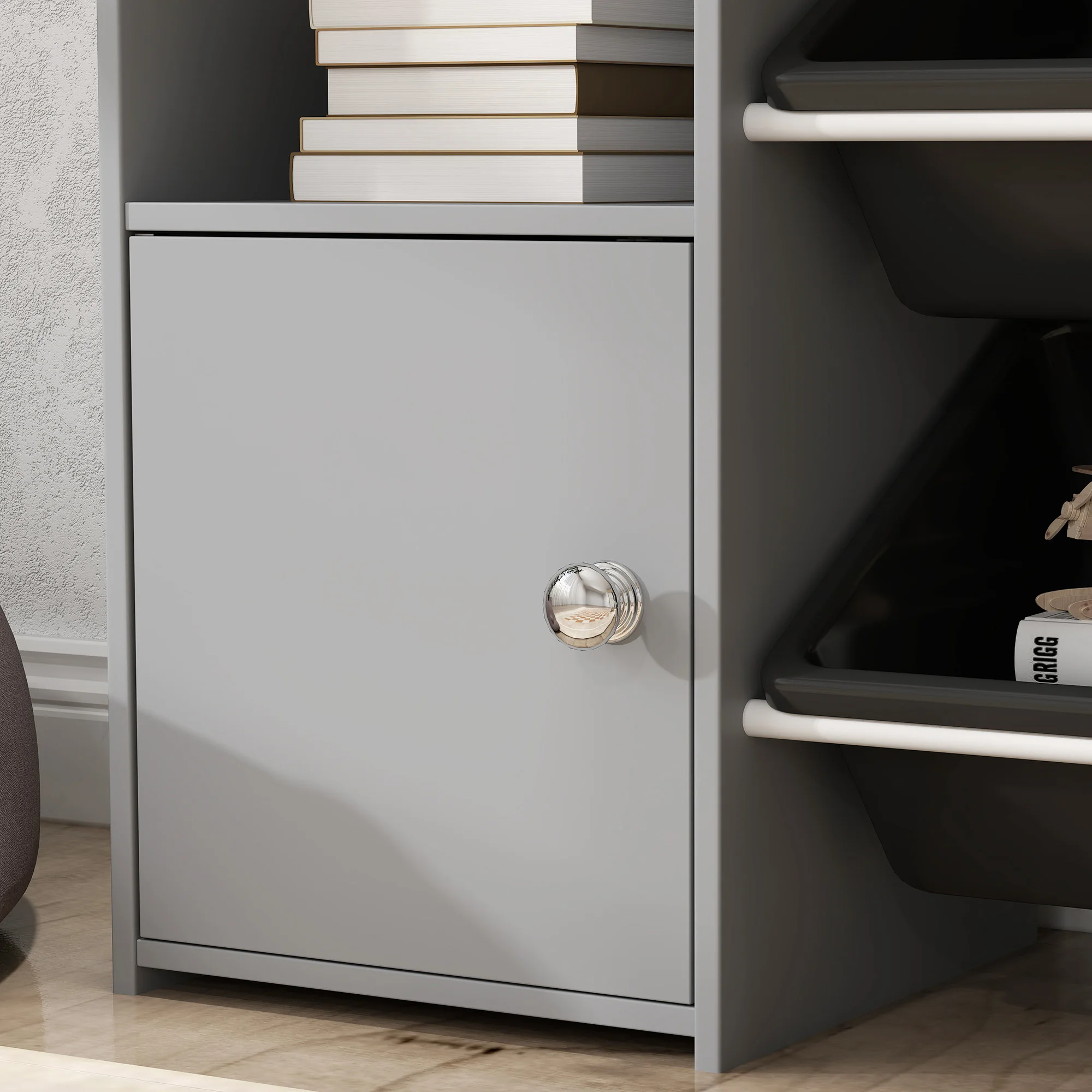 AIYAPLAY Toy Storage Unit, with 8 Removable Bins, Storage Shelves, Cabinet, for Playroom, Kids Room, Nursery, Grey