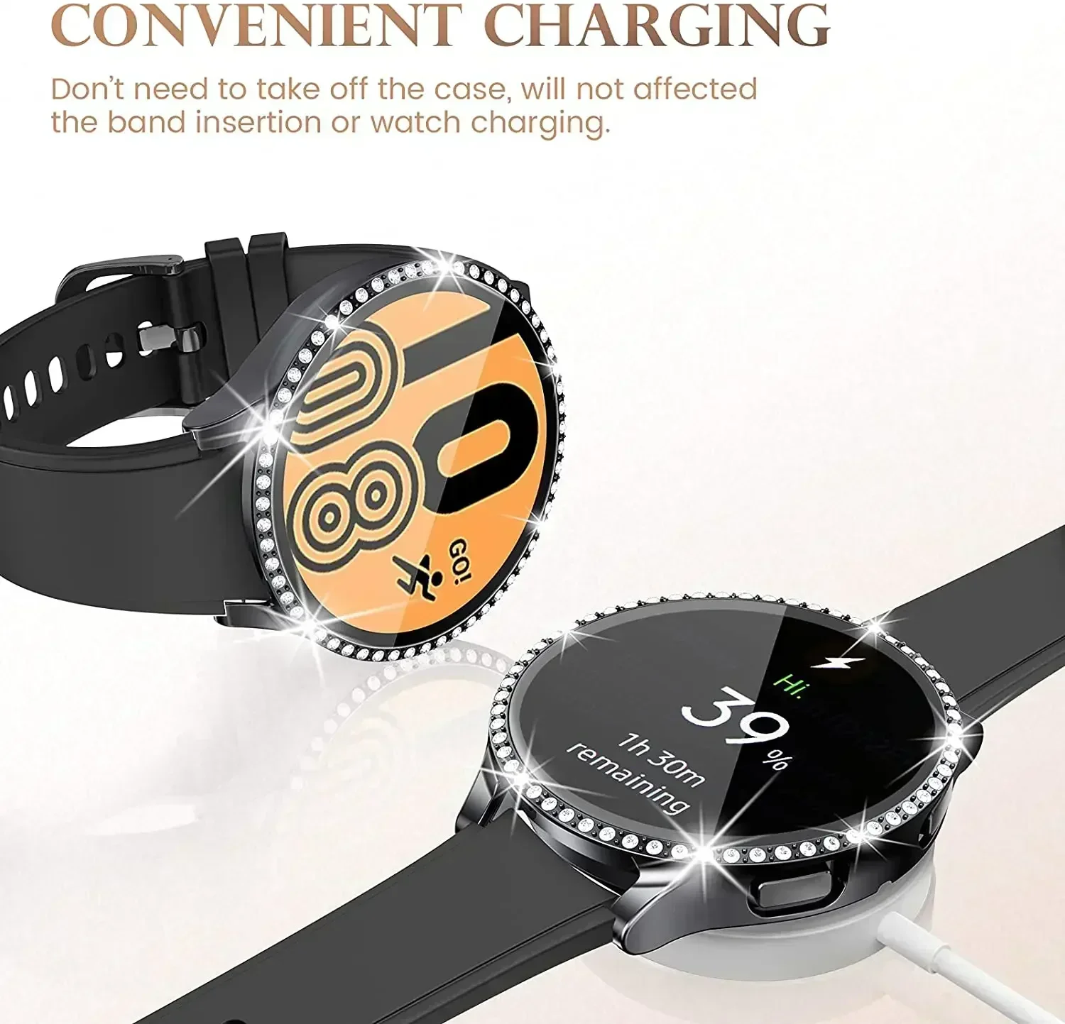 Funda protectora para Samsung Galaxy Watch 6, 5, 4, 40mm, 44mm, carcasa de PC de una sola fila con incrustaciones de diamantes, cubierta brillante, parachoques sin vidrio