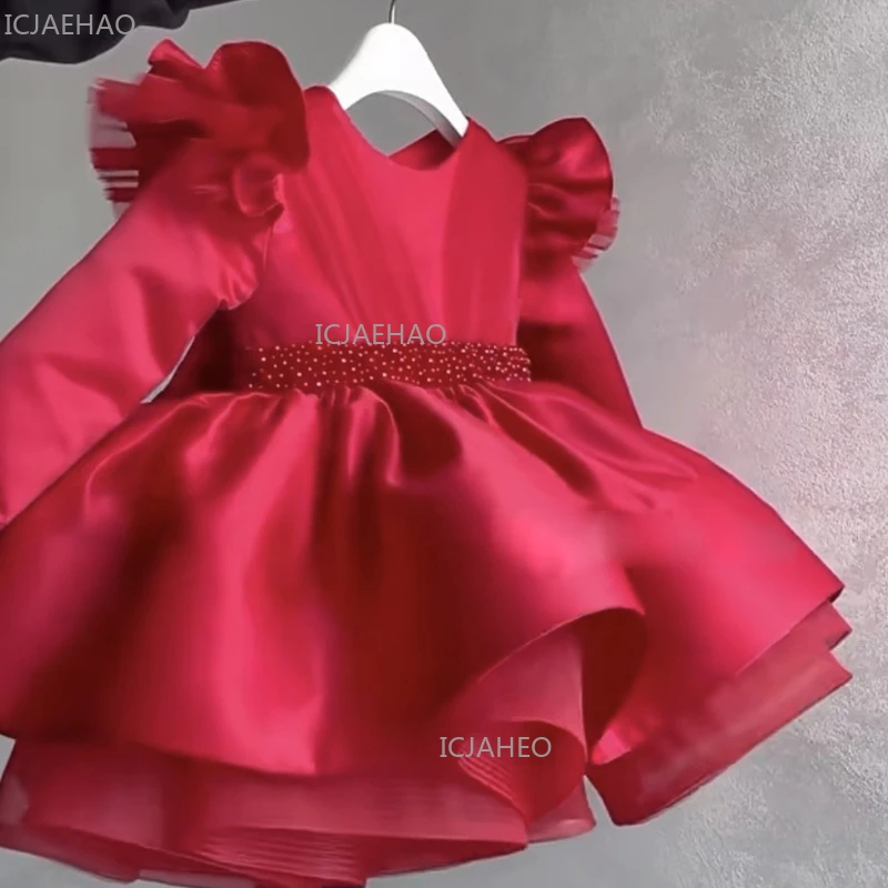 2026 Girls Red Dress Baby Princess Gown Birthday Banquet Host PianoParty Celebration Costume Performance Puffy Skirt Formal