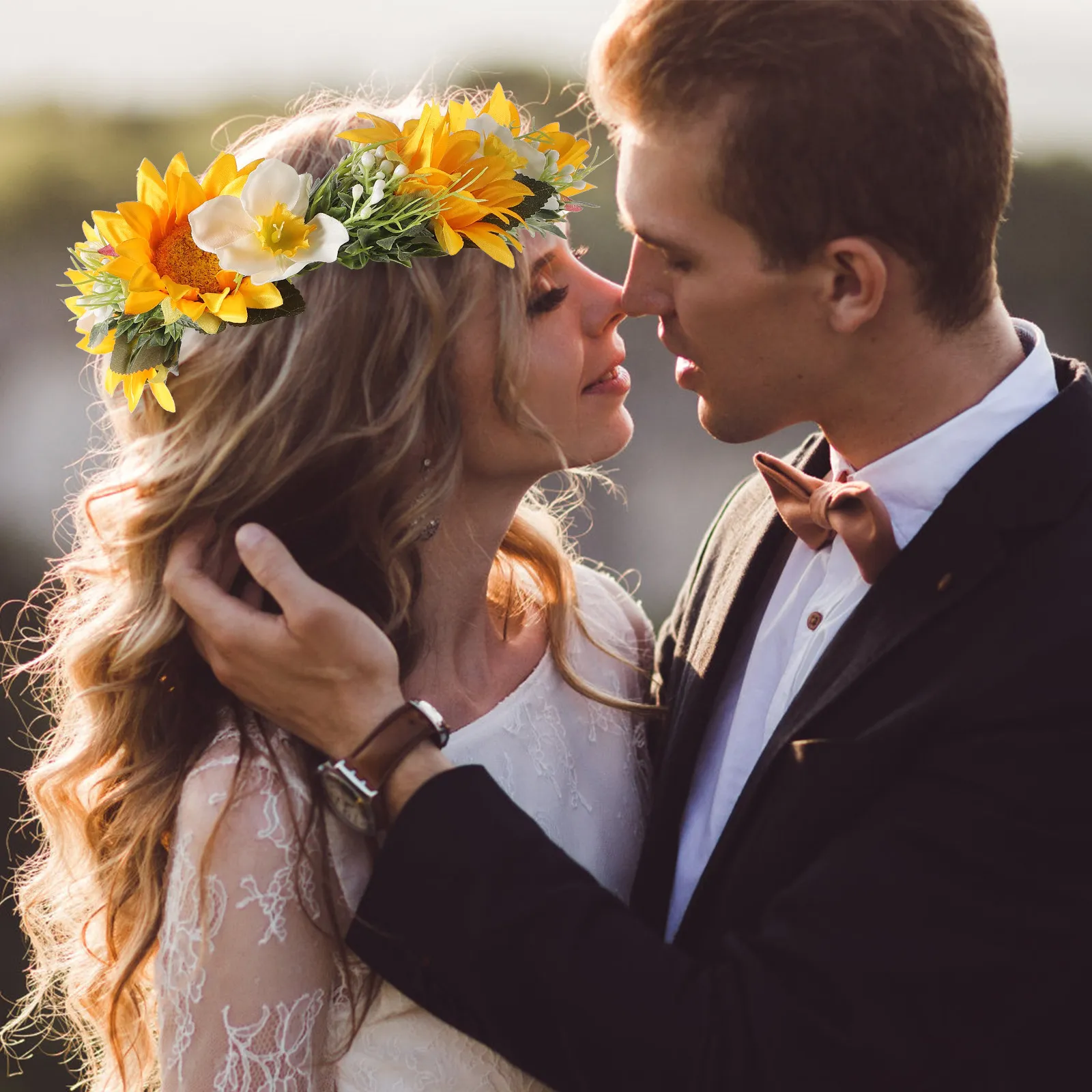 

Регулируемая повязка на голову с подсолнухами, свадебный венок для невесты, цветочный ободок, аксессуар для волос с цветами, головной убор с подсолнухами