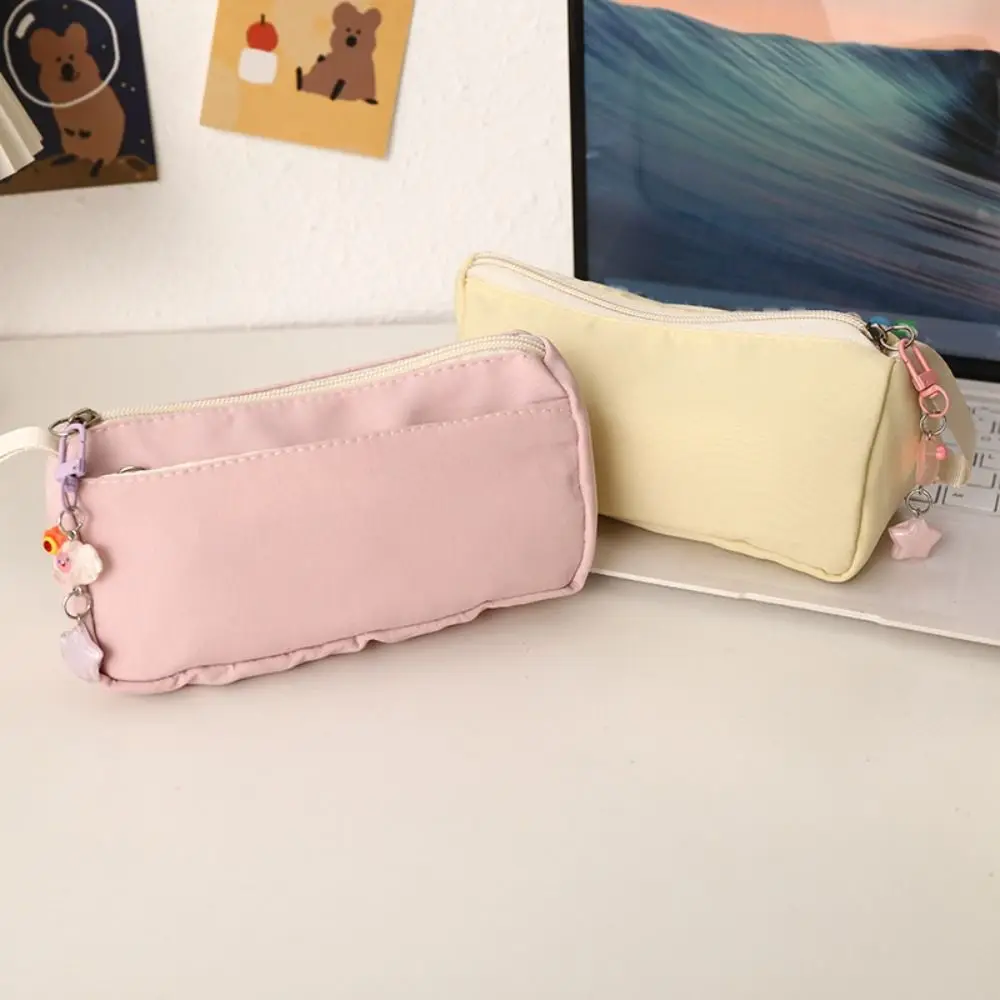 Simple Solid Color Pen Bag Double Layers Handheld Design Pencil Case Large Capacity Stationery Bag Back to School