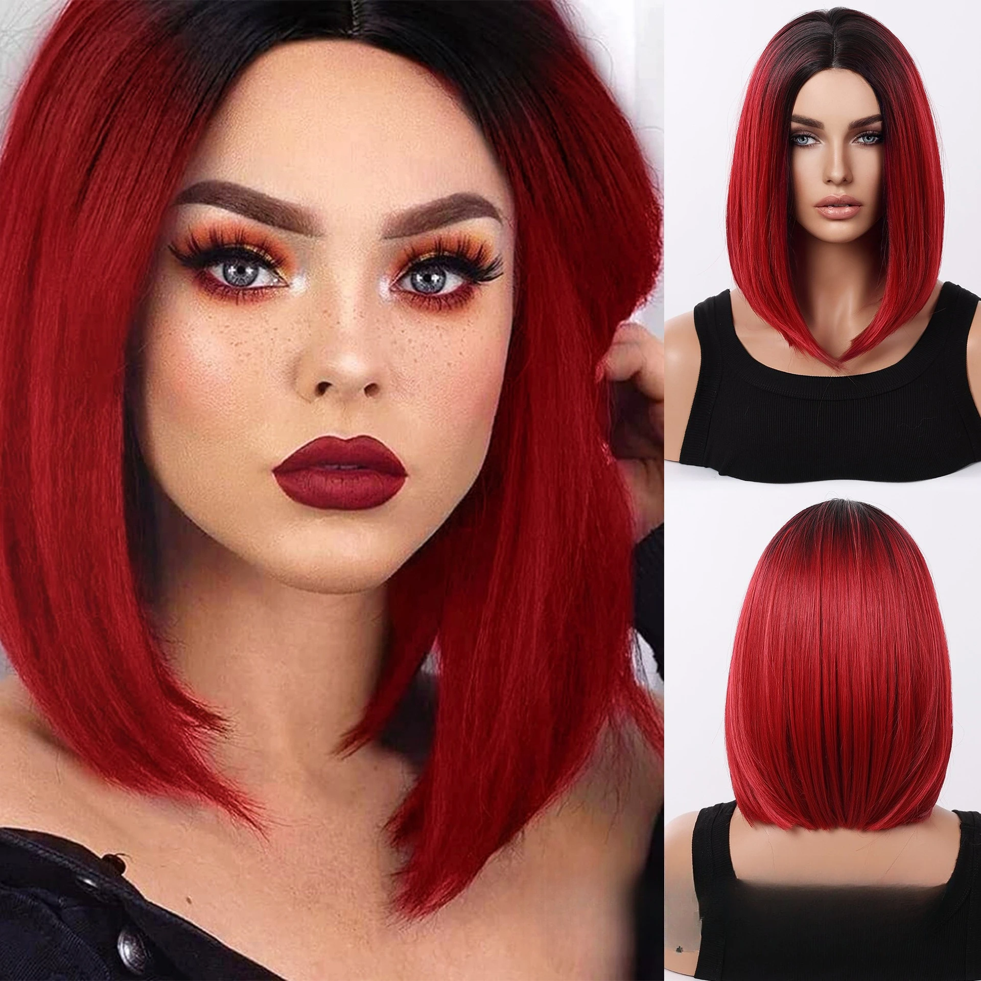 

Synthetic European and American dyed middle-part bob wig for women, short straight black to wine red gradient bob wig for export