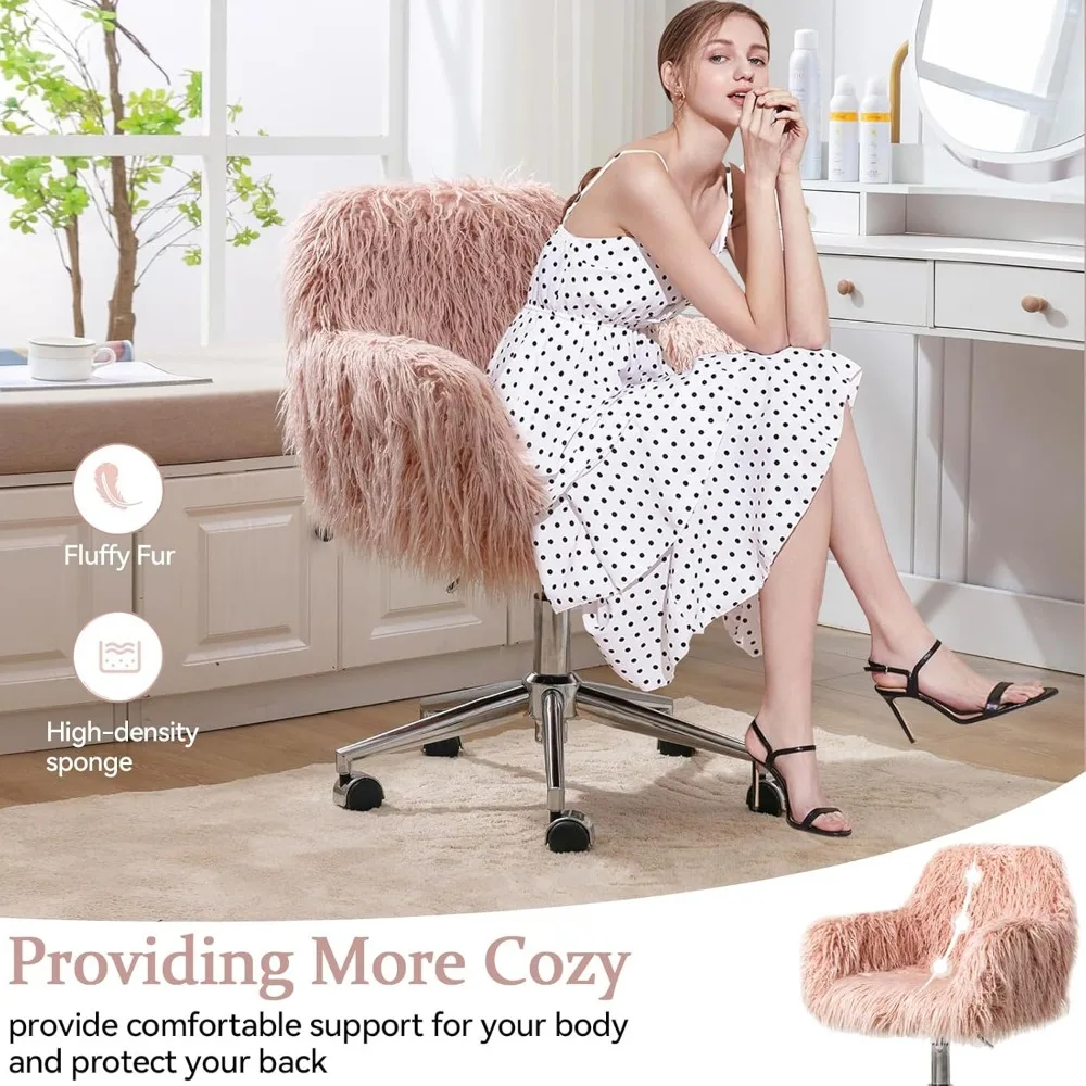 Artificial Leather Vanity Chair with Wheels, Pink Furry Makeup Table and Chair, Rotatable Work Armchair