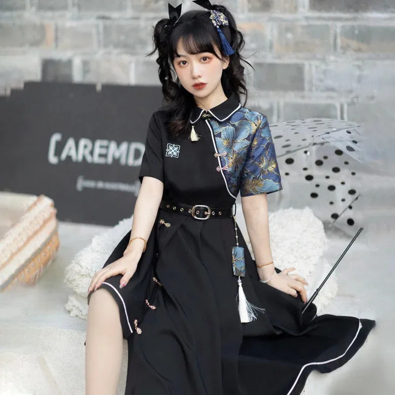 Chinese Style Han Element Hanfu Lolita Button Irregular Dress Gothic Black Lolita Short Long Sleeve Kawaii Daily Dresses