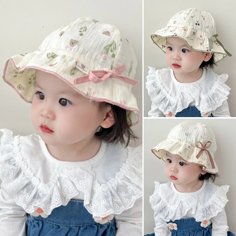 

Baby Princess Hat Print Flower Bowknot Infant Basin Cap 3-24Month Girl Drawstring Fisherman Hats Cotton Children Sunshade Visors