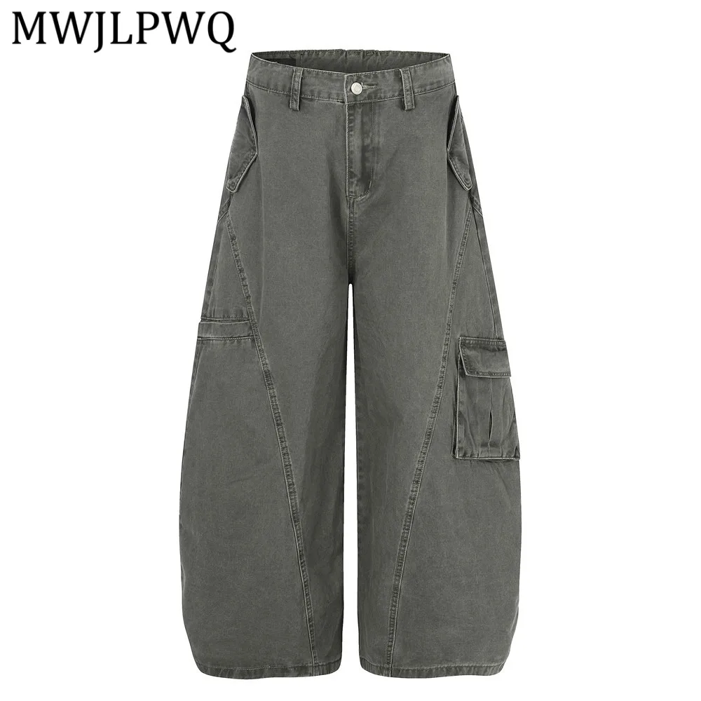 

MWJLPWQ Retro Workwear Deconstructed Denim Curved Pants Men American Loose Multi-pocket Washed Distressed Wide-leg Jeans 15081