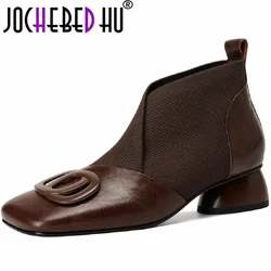 【JOCHEBED HU】Handmade Brand Genuine Leather Women Ankle Boots Mid Heels Square toe Autumn Winter Dress Party Lady 34-43