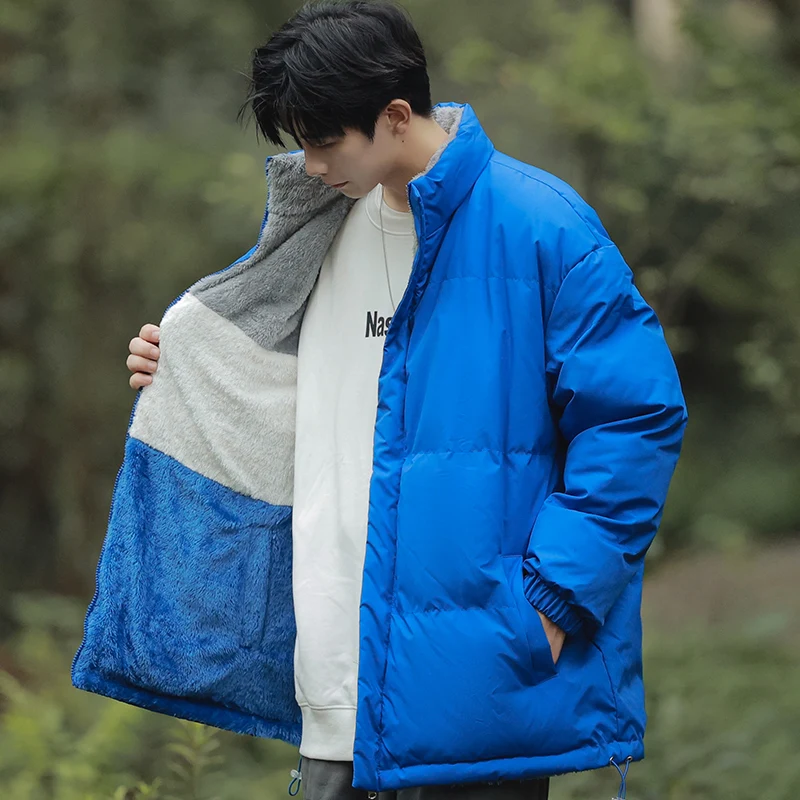 سترة شتوية للرجال ذات وجهين سميكة من القطن بياقة مدورة مخططة من الصوف سترة قطنية مريحة ودافئة وملابس خارجية