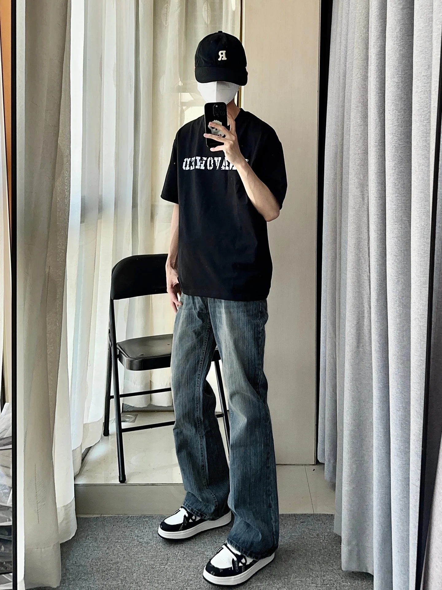 

American Vibe Retro Bamboo Texture adient Vintage Blue Men's Straight Leg Bell Bot Jeans Street Sle Long Trousers