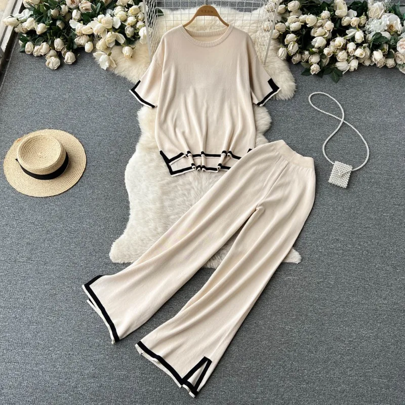 

Knitting 2 Piece Sets Women Casual Suit T-shirt Top Solid Letter Wide Leg Pants Lace Up Round Collar Outfits 2025 Matching Sets