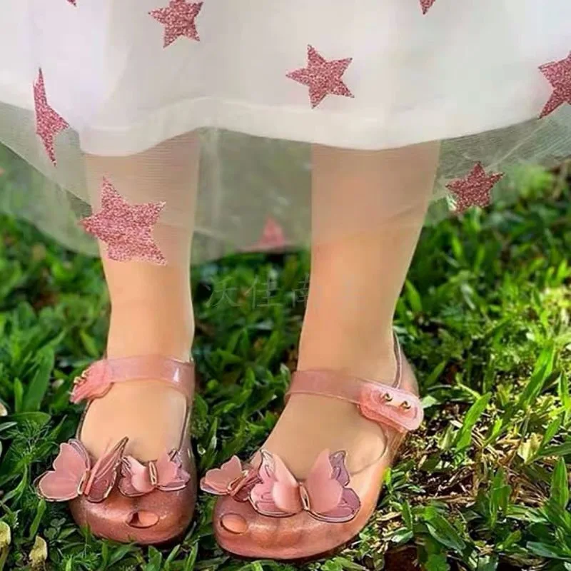 Sandalias de princesa para niña, zapatos de mariposa estéreo con lentejuelas metálicas rosas, sandalias de playa de gelatina con diamantes de