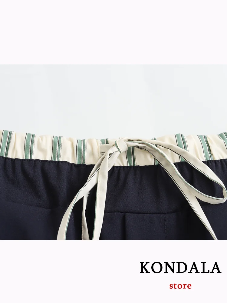 KONDALA Casual Striped Print Long Pants Women Elastic Bow Tie Straight Pants Fashion 2024 Spring Summer Sports Women Trousers