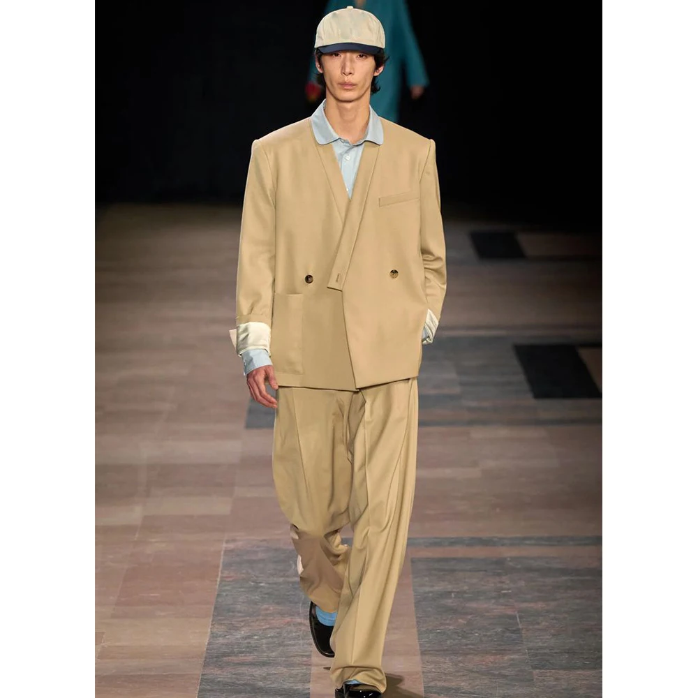 Commuting Style Khaki Men's Double-Breasted Suit 2 Piece Jacket Pants Set Notch Lapel Loose Fit Office Party Casual Male Outfits