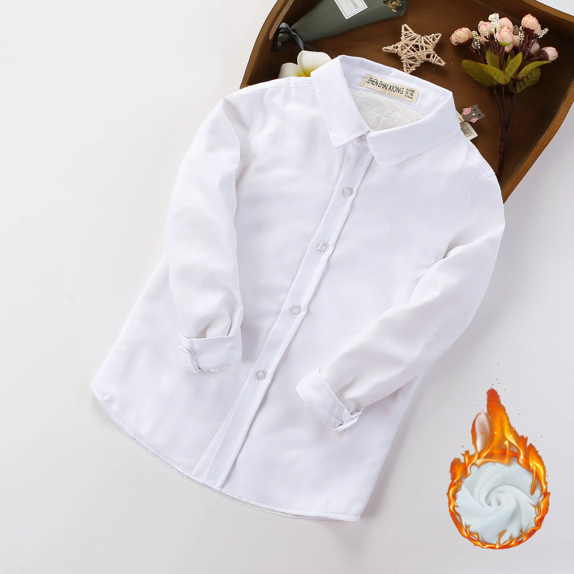 Kids Winter Fleece Lined Shirts Boys Solid Basic Long Sleeve Tops Autumn Thicken Warm Blouses Children Daily Casual Soft Tees