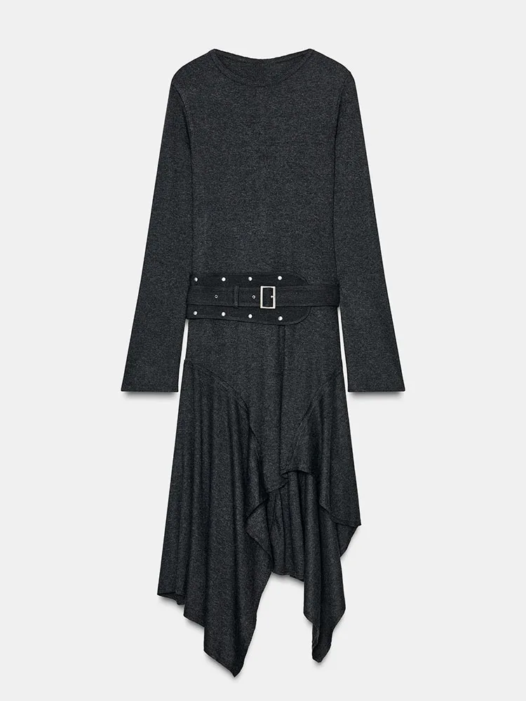 เดรสยาวปานกลางทรงเอ ไม่สมมาตร รุ่นใหม่ล่าสุดสำหรับผู้หญิง แฟชั่นฤดูหนาว 2025 เอวสูง