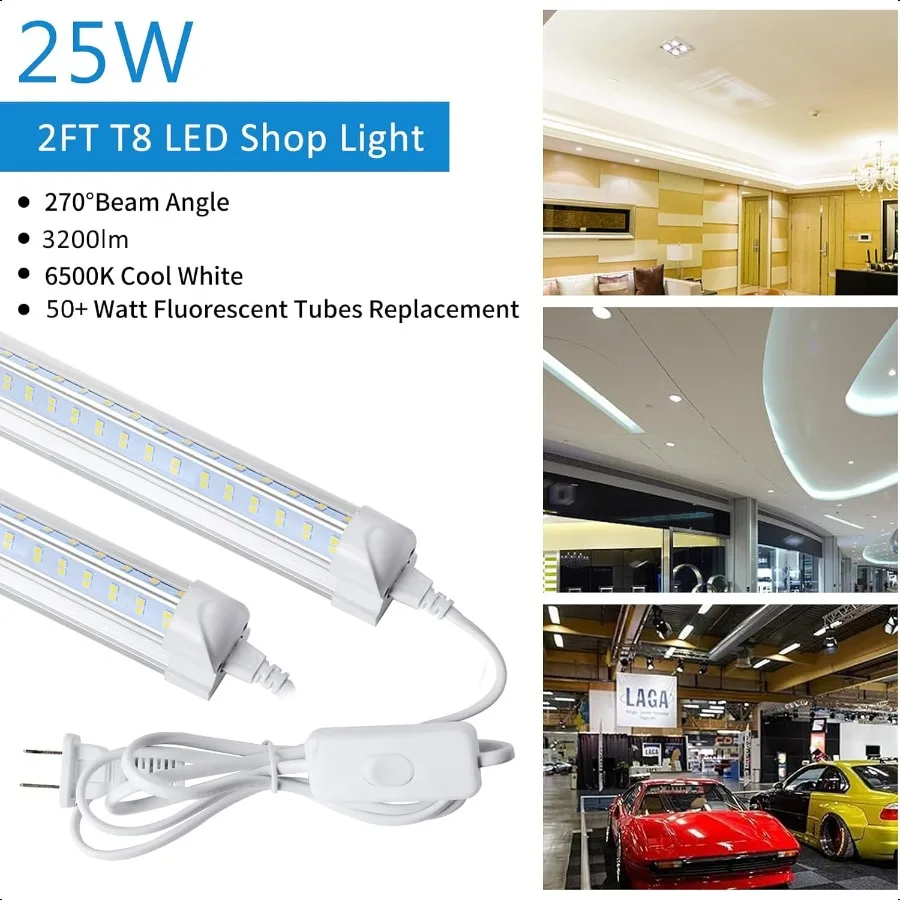 Luz Led para tienda, luz Led para garaje, 2 pies, 25W, 6500K, luz diurna, 3200LM, cubierta transparente vinculable, VShape integrado para tienda debajo del gabinete