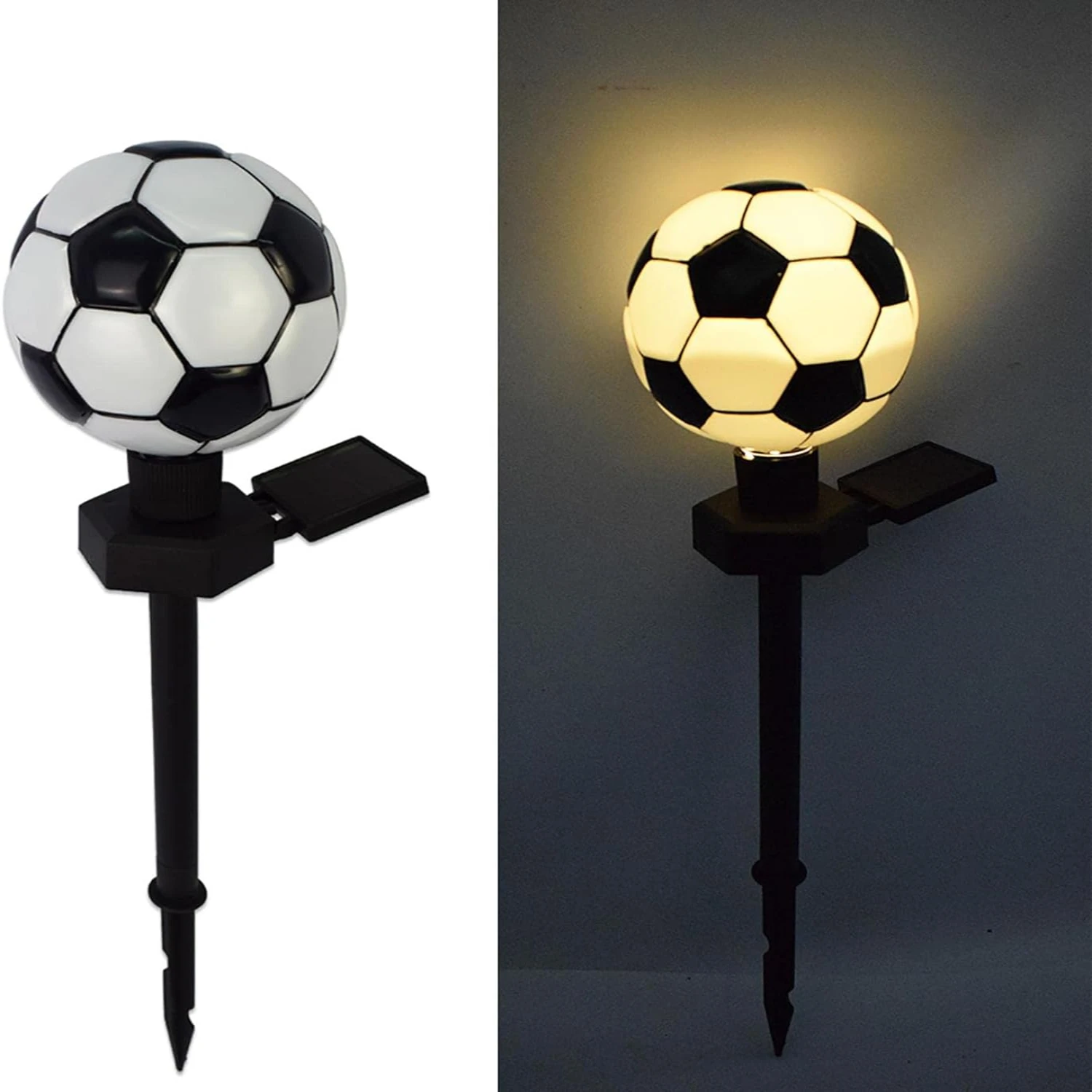 Sleek and sophisticated soccer ball-shaped solar pathway stake lamp, perfect for hosting sports-themed backyard gatherings. Add 