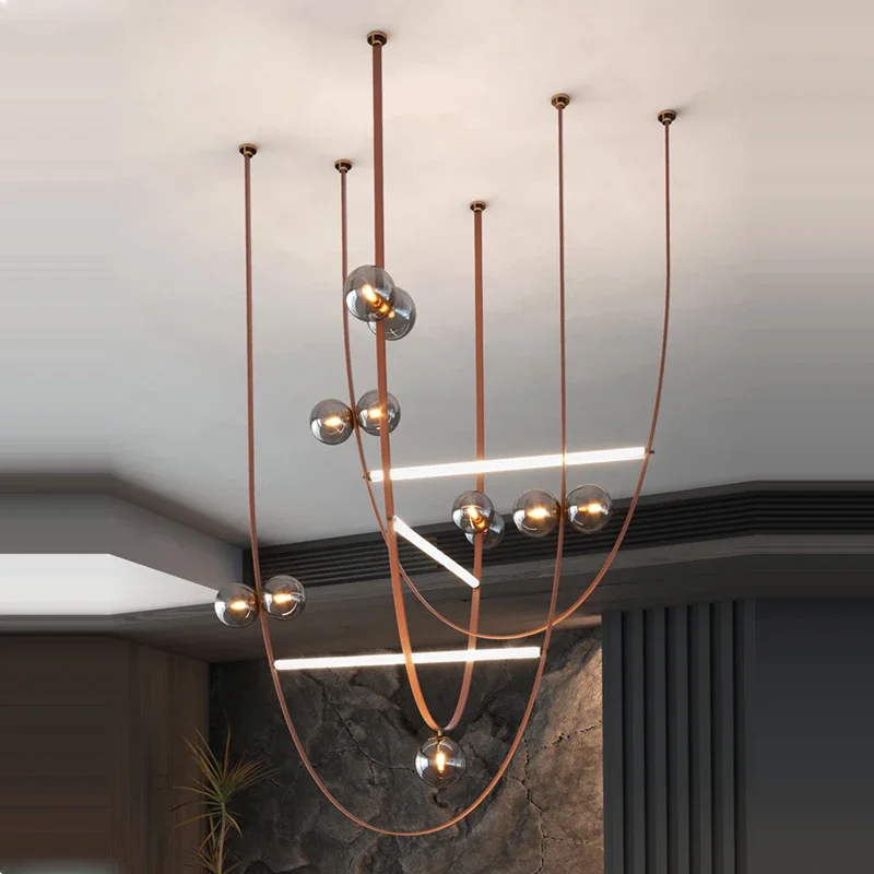 Modern Leather Belt Chandeliers Artistic Glass Ball LED Hanging Lamps Living Room Staircase Villa Loft Decor Lighting Fixtures