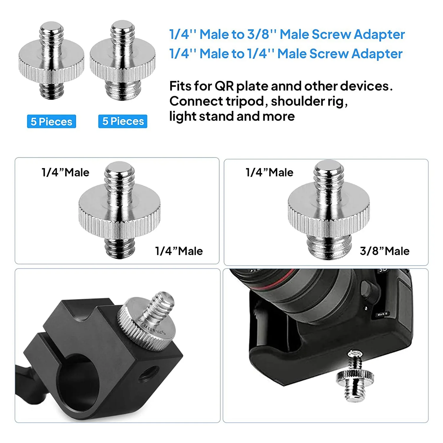 

A41Z-20PCS Camera Screw Set 1/4 To 1/4, 1/4 To 3/8 Screw Adapter Converter Threaded Screws Adapter Spigot Screw Mount Set