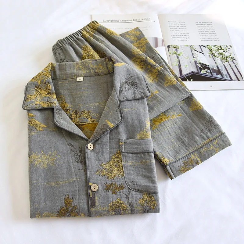 بيجامات رجالية يمكن ارتداؤها خارج ربيع الخريف رقيقة قميص قطني بكم طويل بنطلون ملابس منزلية طقم بيجامة رجالي