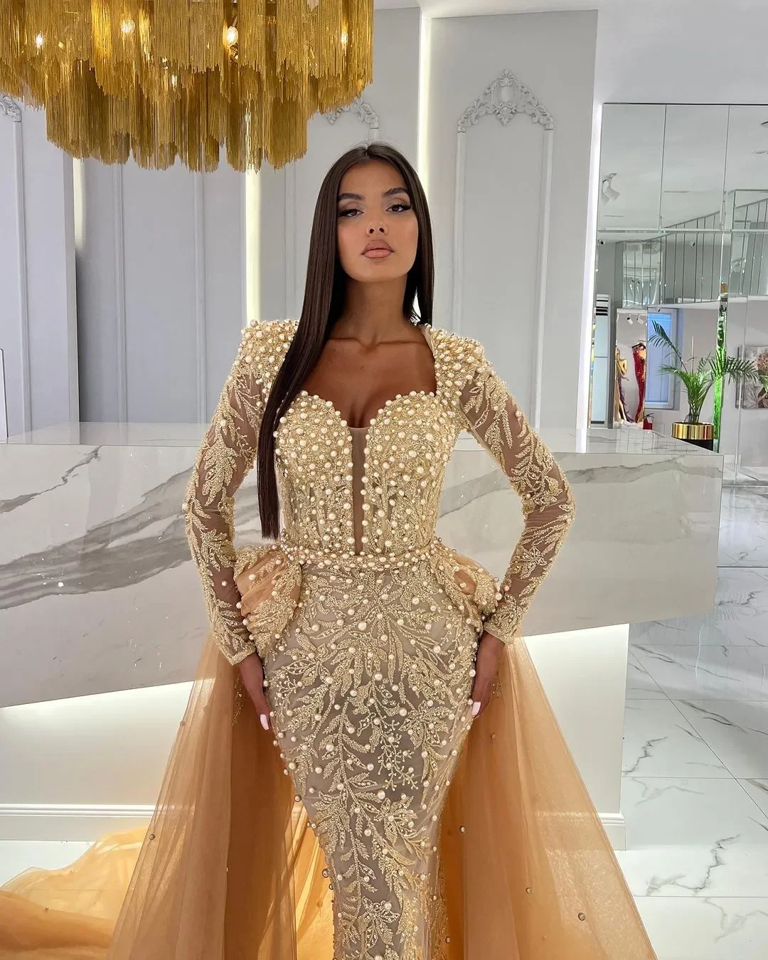 Customized Elegant Champagne Evening Dress Detachable Trailing Cap Sleeve Pearls Beads Dubai Arabic Formal Mermaid Prom Dress