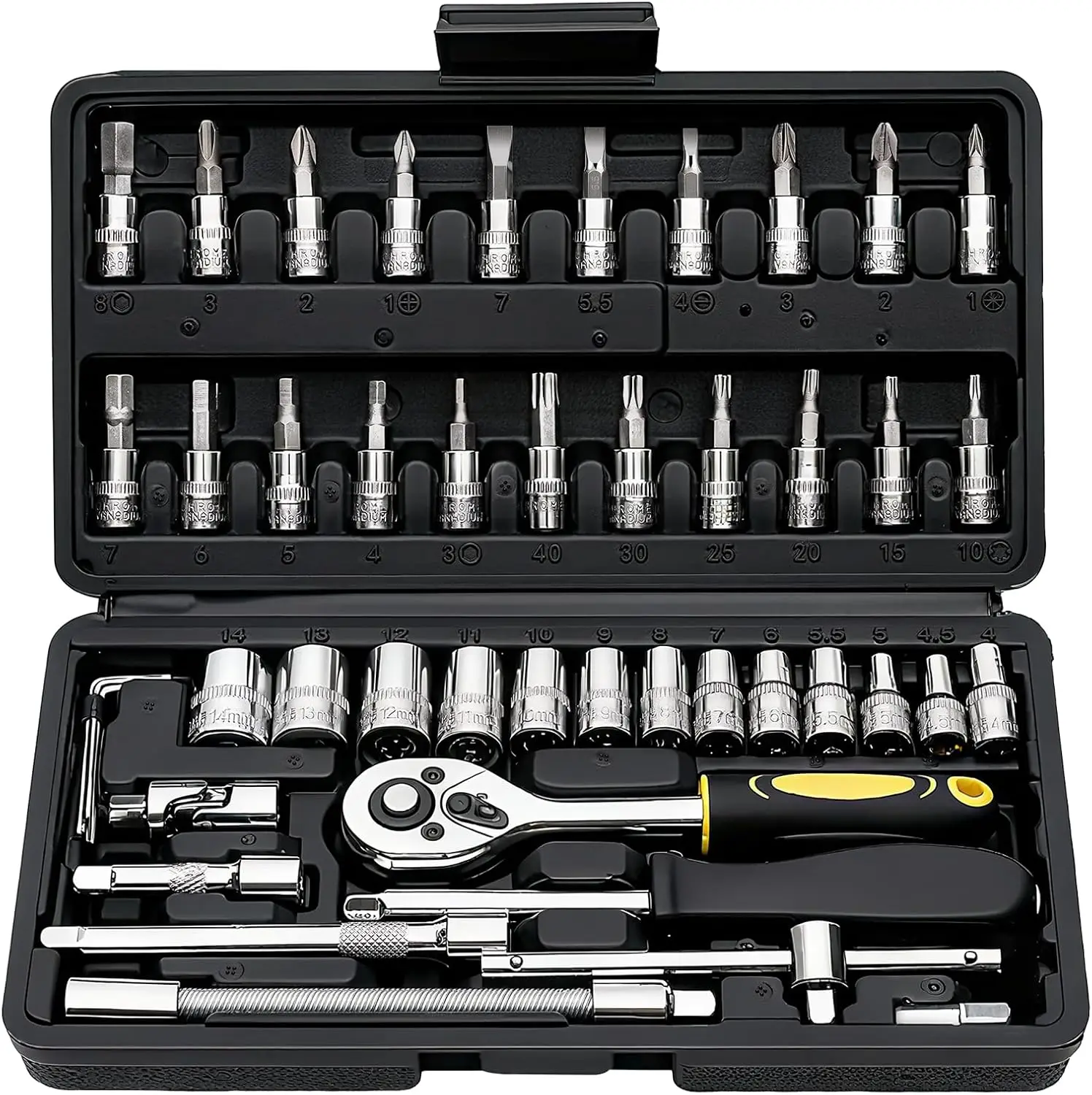 

46-Piece 1/4' Metric Socket Wrench Set with Quick-Release Ratchet & Extension, Compact Case – Ideal for Auto Repair & Home Use