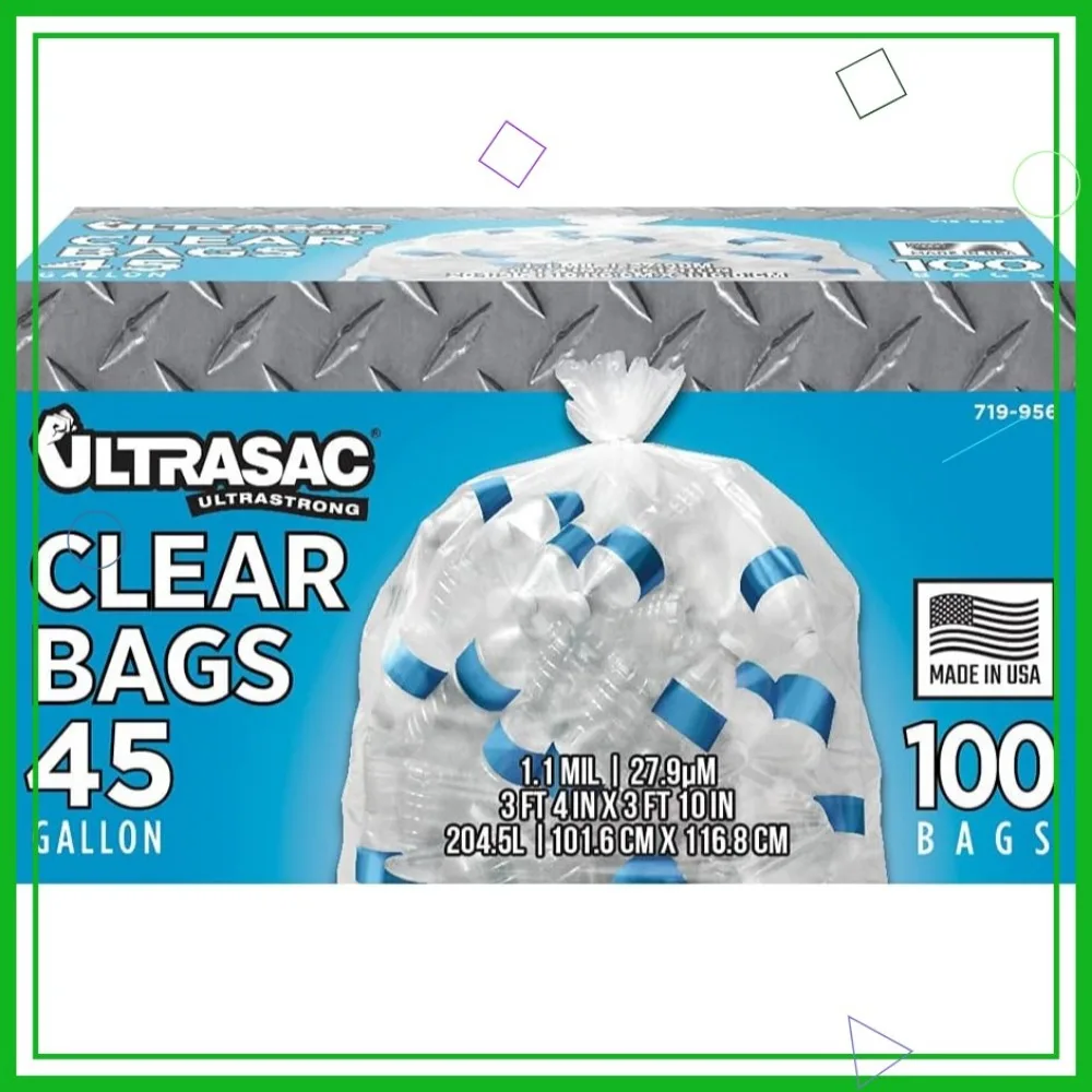 

45 Gallon Recycling Bags, 1.1 Mil Thick, Clear with Ties, 100 Count for Home and Industrial Use