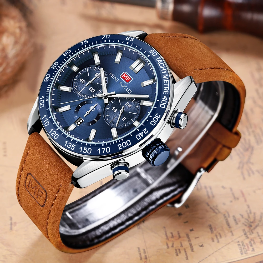

MINI FOCUS Men’s Watch Choice Collection Multifunctional Casual Leather Strap Complete Calendar Business Quartz Watches 0403G