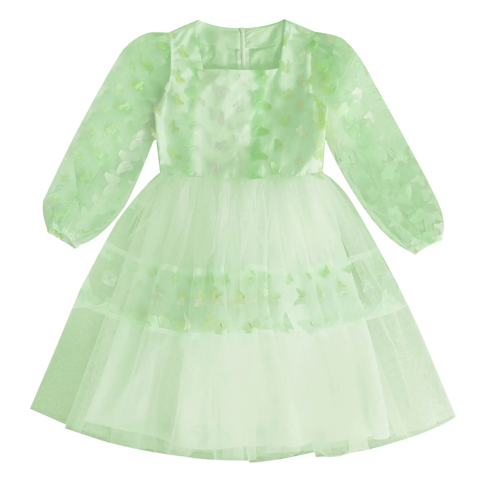Kids Girls Tulle Party Dresses Square Neck Long Puff Sleeves Butterfly A-Line Dress for Wedding Birthday Holiday