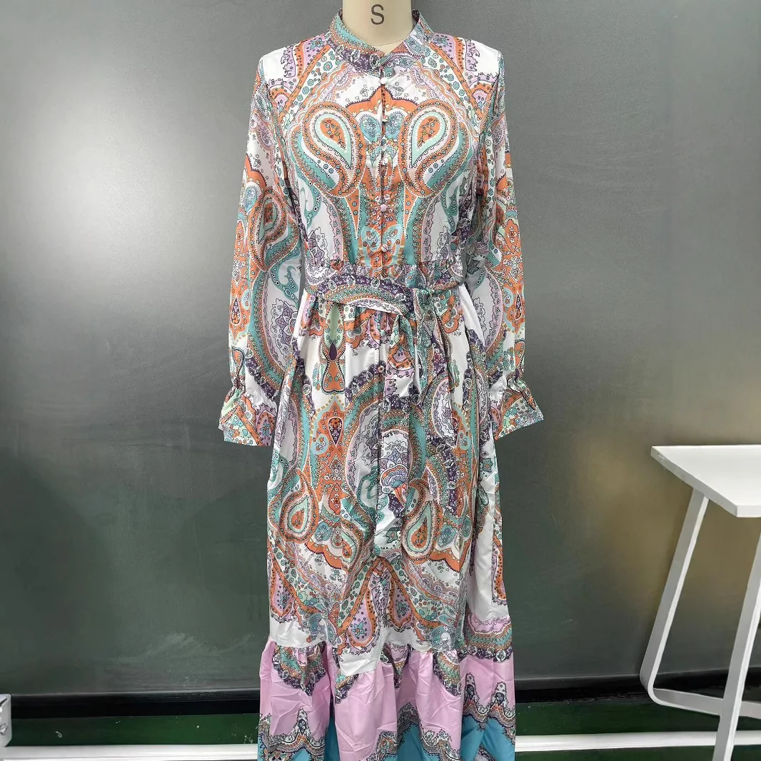 

2025 New Women's Real Shot Printing Light Luxury Temperament Long Sleeve Round Neck Waist Single-breasted Printing Elegant Dress