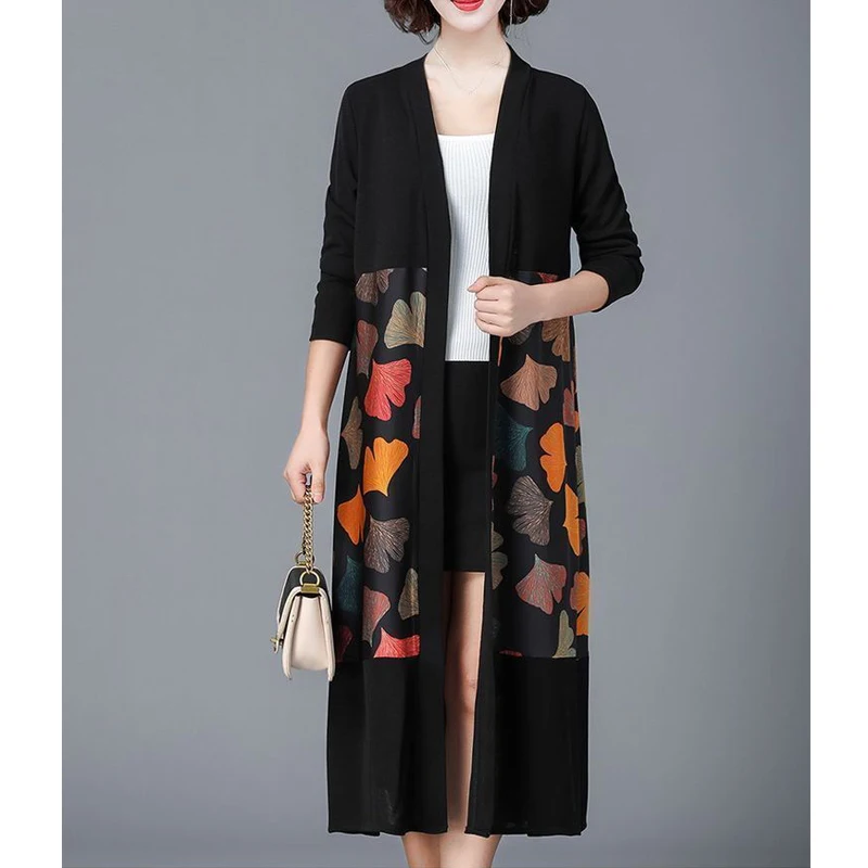 New Women Clothing Spring Autumn Elegant Fashion Floral Print Patchwork Mid Length Coat V Neck Long Sleeve Loose Cardigan Jacket