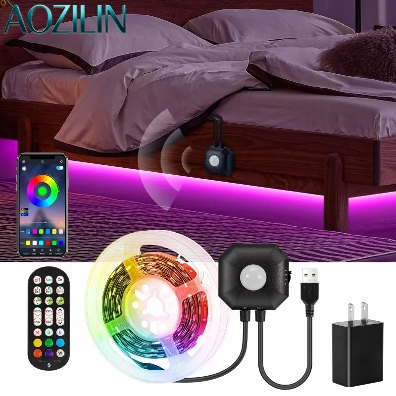 9.8ft Motion‑Sensor RGB LED Strip Light,Remote‑Controlled Under‑Bed Night Lamp for Bedroom Indoor DIY Ambient Lighting Accessory