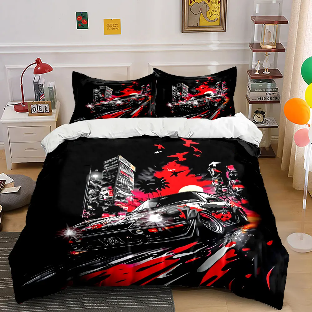 Street racing car with red artistic splash Printed Duvet Cover Set 1 Duvet Cover+2 Pillowcase Multi Size Bedroom Bedding Decor