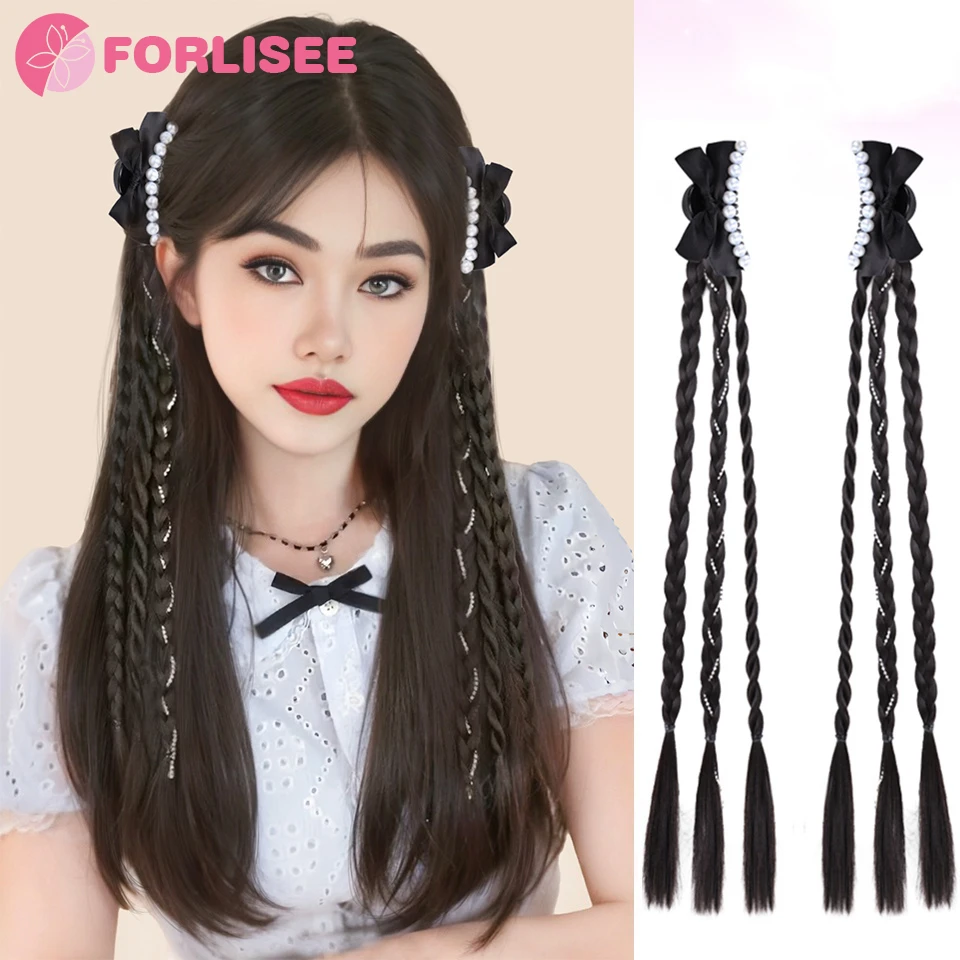 

FORLISEE Synthetic Bow Pearl Claw Clip-in Braid Fluffy Gentle Princess Head Natural Double Ponytail Women's Heat-resistant Wig