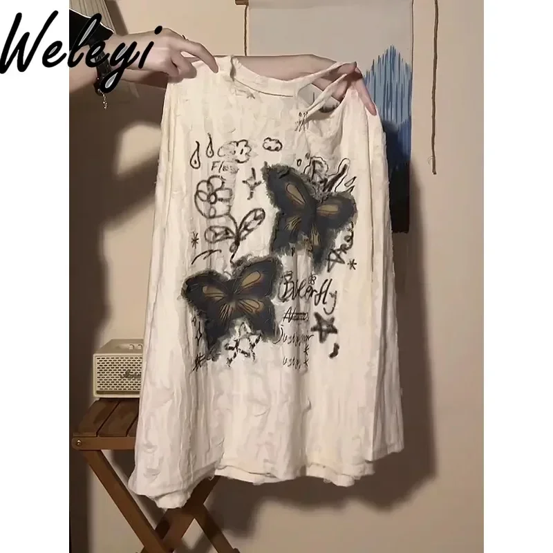

Y2K Butterfly Patch Ripped Shoulder Knitted Blouse Woman 2024 Fall New Sweet Loose Women's American Slash Shoulder Top Femme