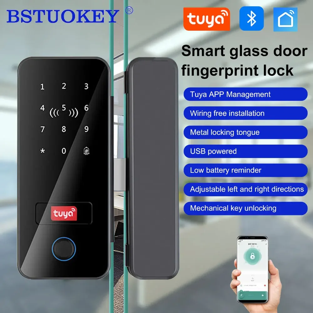 Tuya Smart Life Bluetooth Glass Door Lock Digital Biometric Fingerprint Glass Lock No-Drill supports Gateway App Remote Control