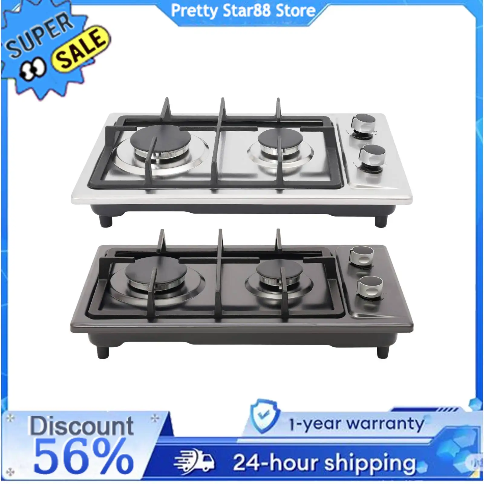 Tragbarer Gasherd 3 kW + 1,75 kW mit 1,5 m Luftschlauch, 2800 Pa Edelstahl-Gasherd mit Überdruckventil für Picknicks/Wohnwagen