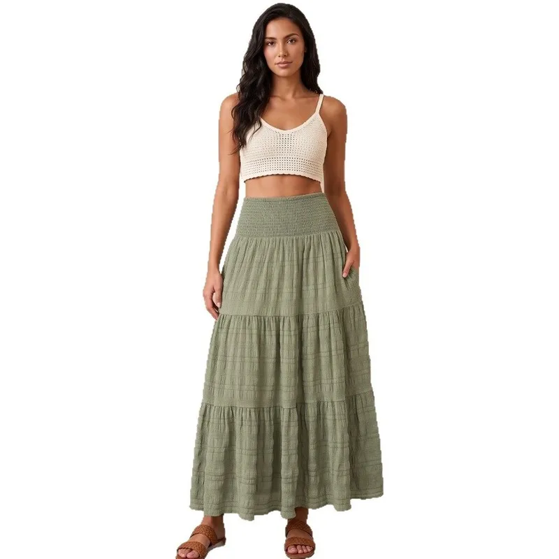 Flowy Boho Cotton Rayon High Waist Maxi Skirt for Women with Pockets Elastic Waistband A Line Long Skirt Casual Summer