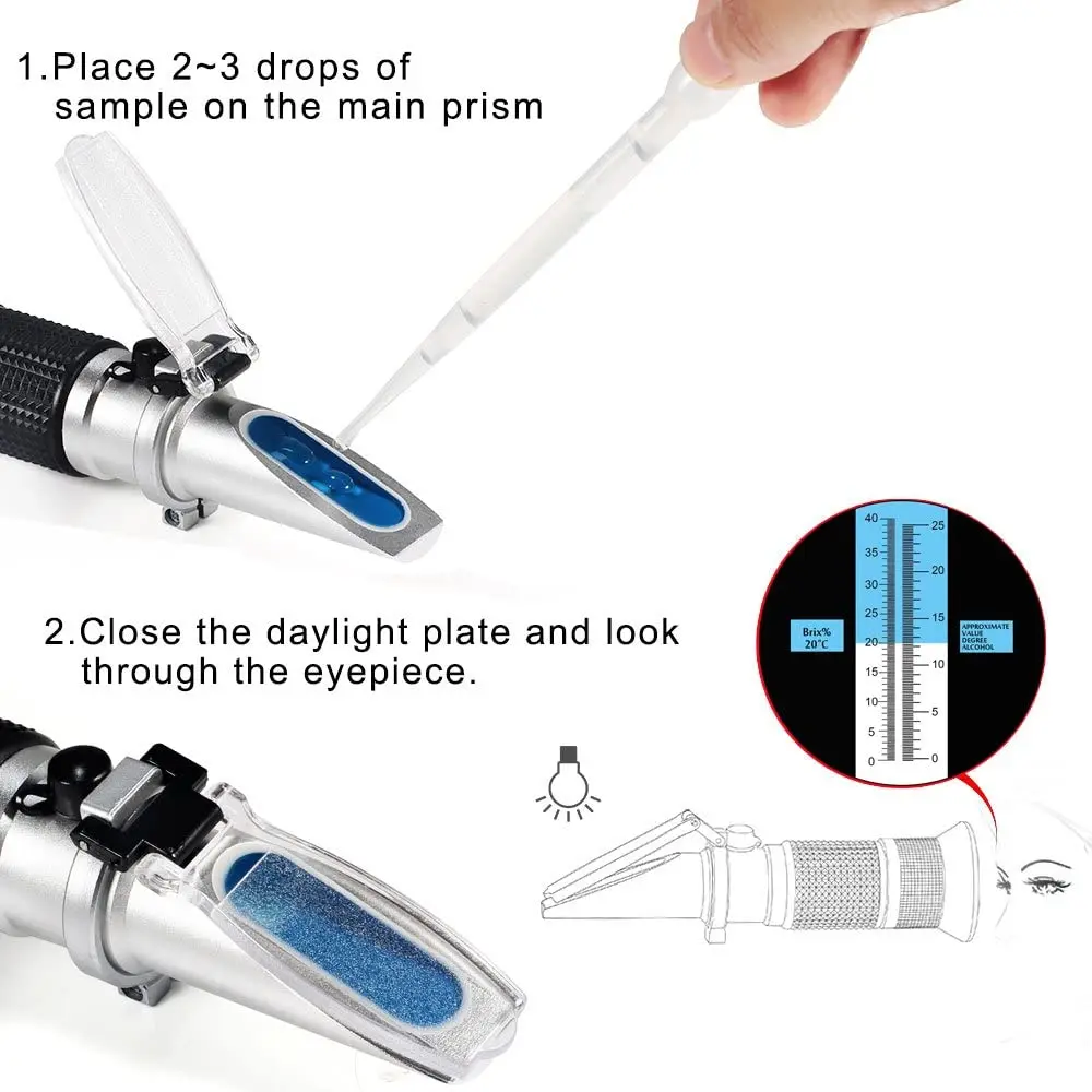 Handheld Alcohol Sugar Refractometer Tester Wine Concentration Meter Densitometer 0-25% Alcohol Beer 0-40% Brix Grapes