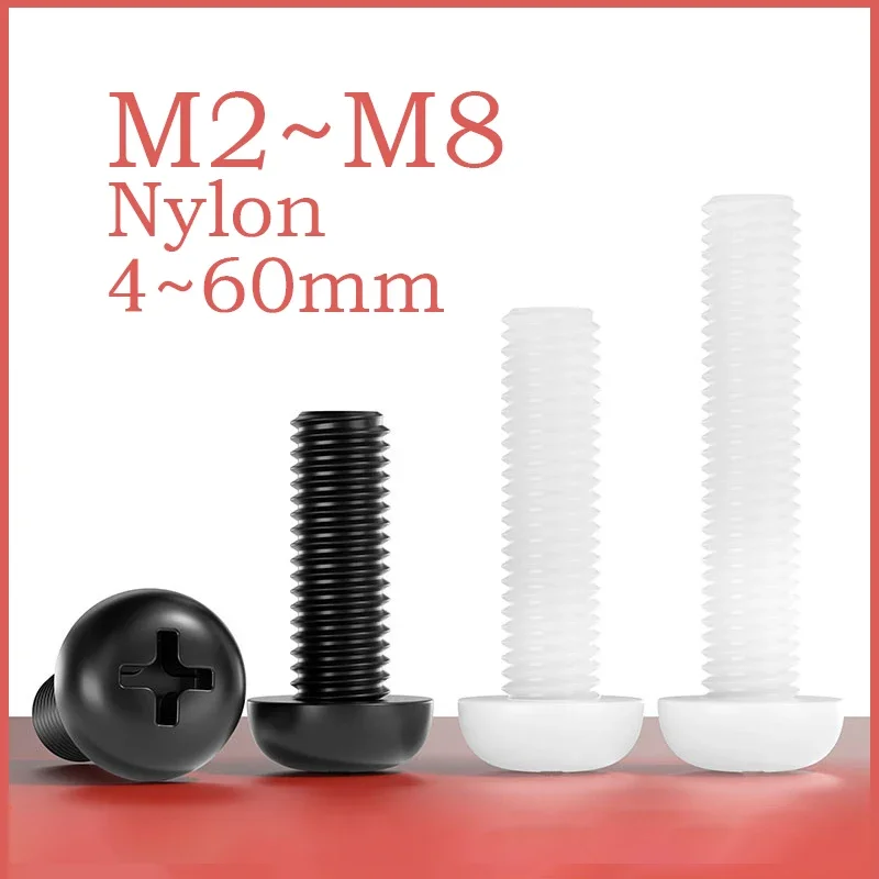 20~50 Pcs Nylon Round Head Screw M2 M2.5 M3 M4 M5 M6 M8 Black/White Phillips Bolt Nylon Round Head Phillips Screws Length 4~60mm