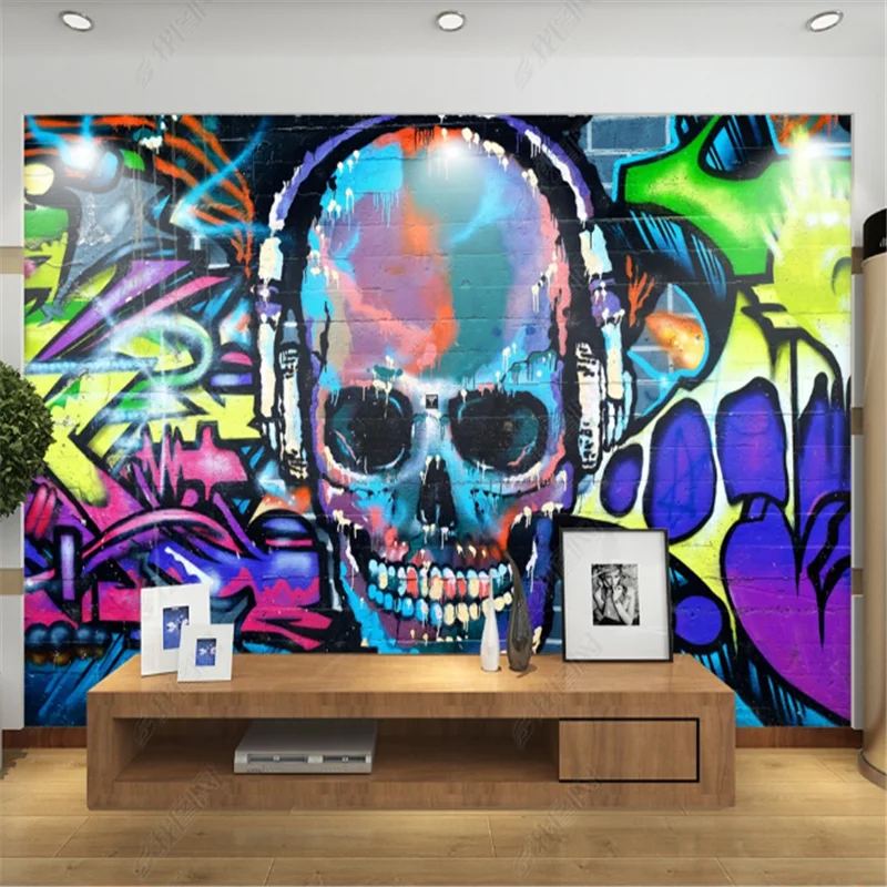 Nordic Hand-painted Skull DJ Street Mural Wallpapers Industrial Decoration Graffiti Background Wall Paper papel de parede 3D