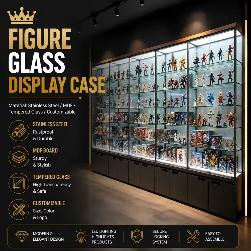 Action Figure Glass Display Case Vertical Glass Cabinet for Cards Collectibles Retail Display