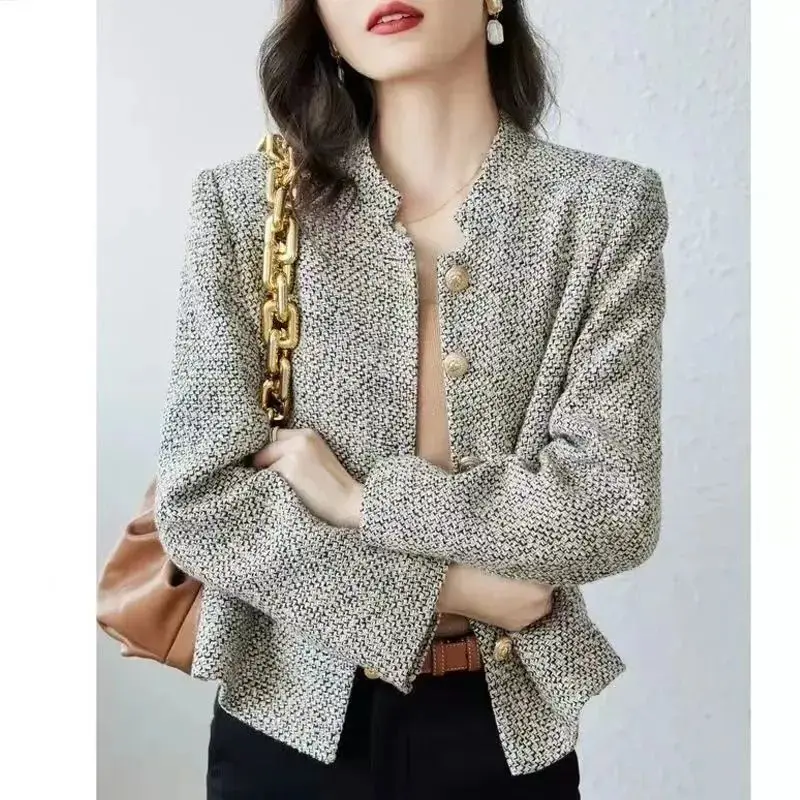 

Vintage Elegant Tweed Cropped Jacket For Women New Autumn Trendy Office Commut Outfit Niche Harajuku Small-fragrance Slim Coat