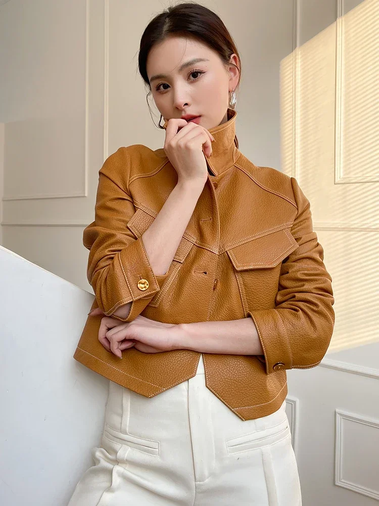 

Simple Cropped Genuine Leather Jackets for Women Spring Autumn 2024 New Trend Single-breasted Solid Casual Real Sheepskin Coat