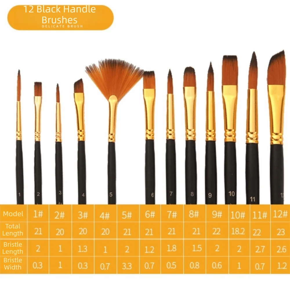 12PCS Nylon Bristle Nylon Paint Brush Set Triple Color Rods Mixed Tips Art Painting Brushes Solid Handle