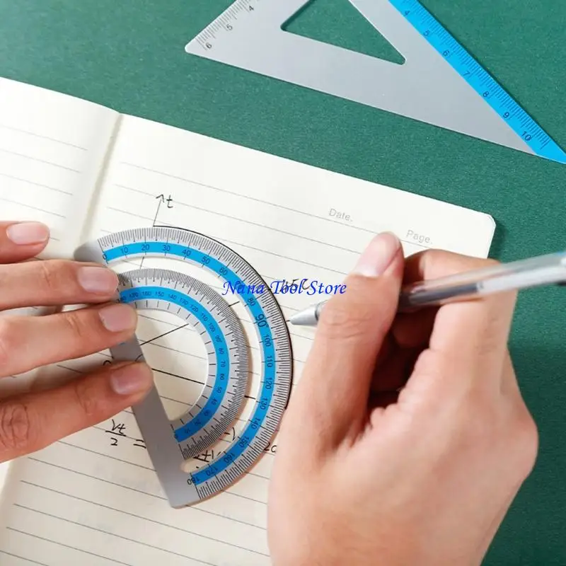 31GJ Strong Aluminum Ruler Set 1 Straight 2 Triangles 1 Protractor School Homework Art Projects Measure for Kids Adults